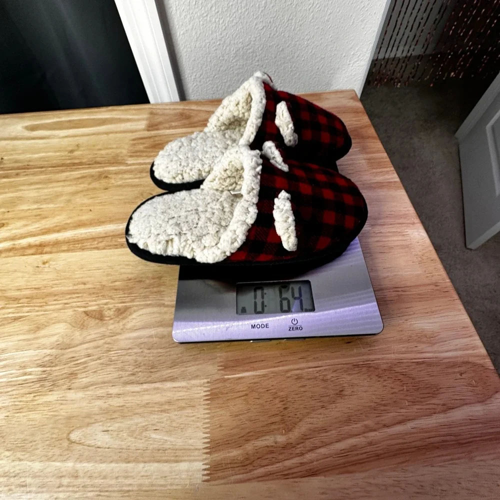 Kids Red Black Buffalo Plaid Bear Ear Slippers Faux Shearling Size 13-1